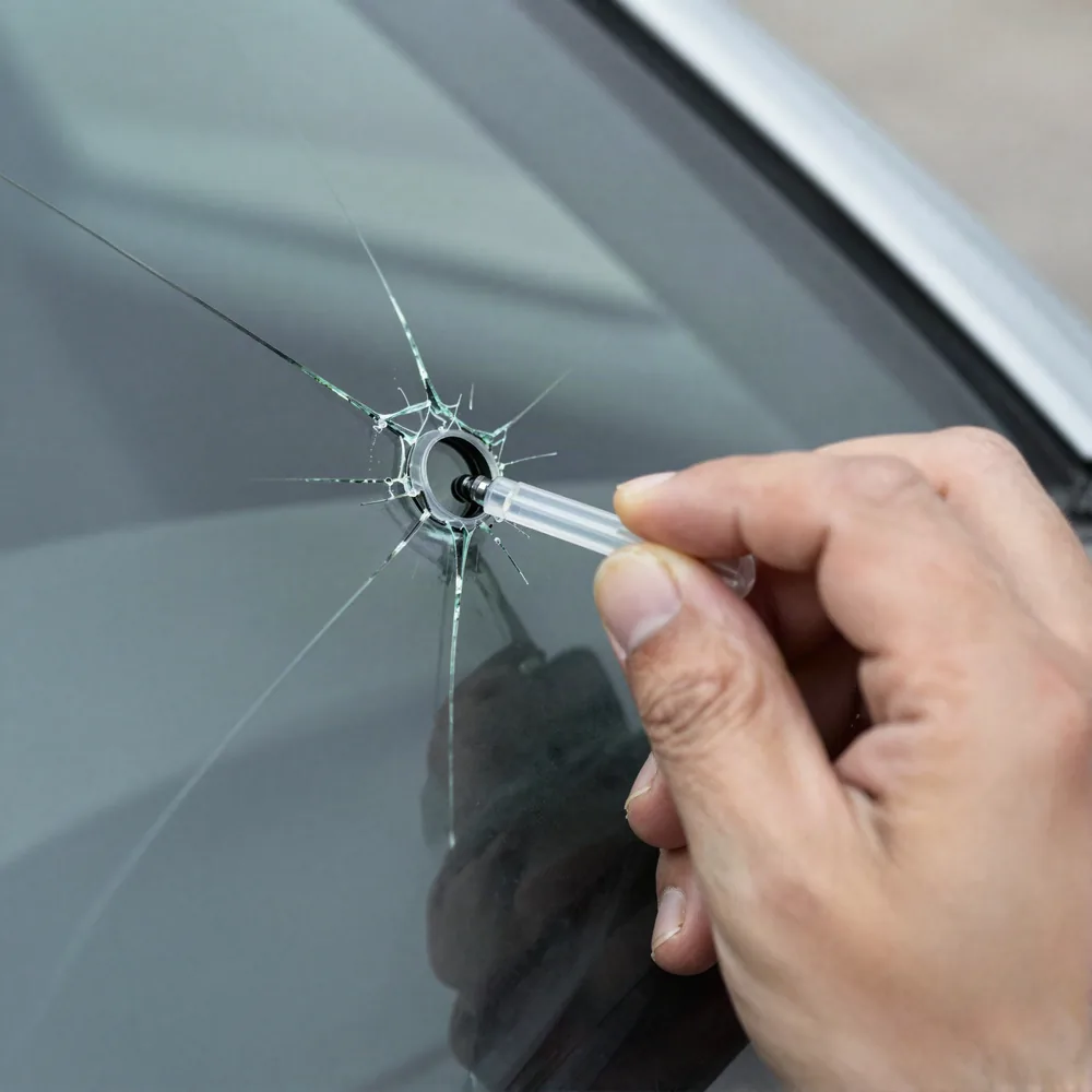 A bullseye stone chip with crack legs spreading through a car windshield, a resin injection tool held over the damage