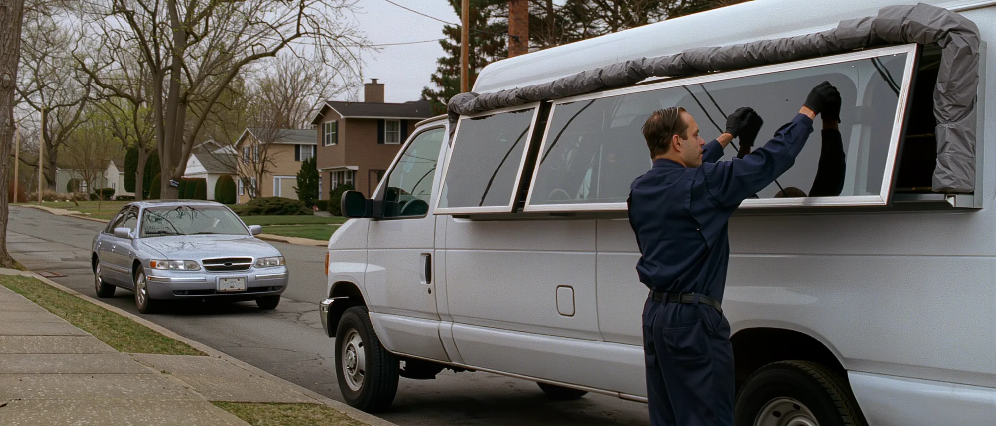 A Caffrey Glass technician sliding a windshield out of the side rack of a mobile service van on a residential street in Sewell, New Jersey