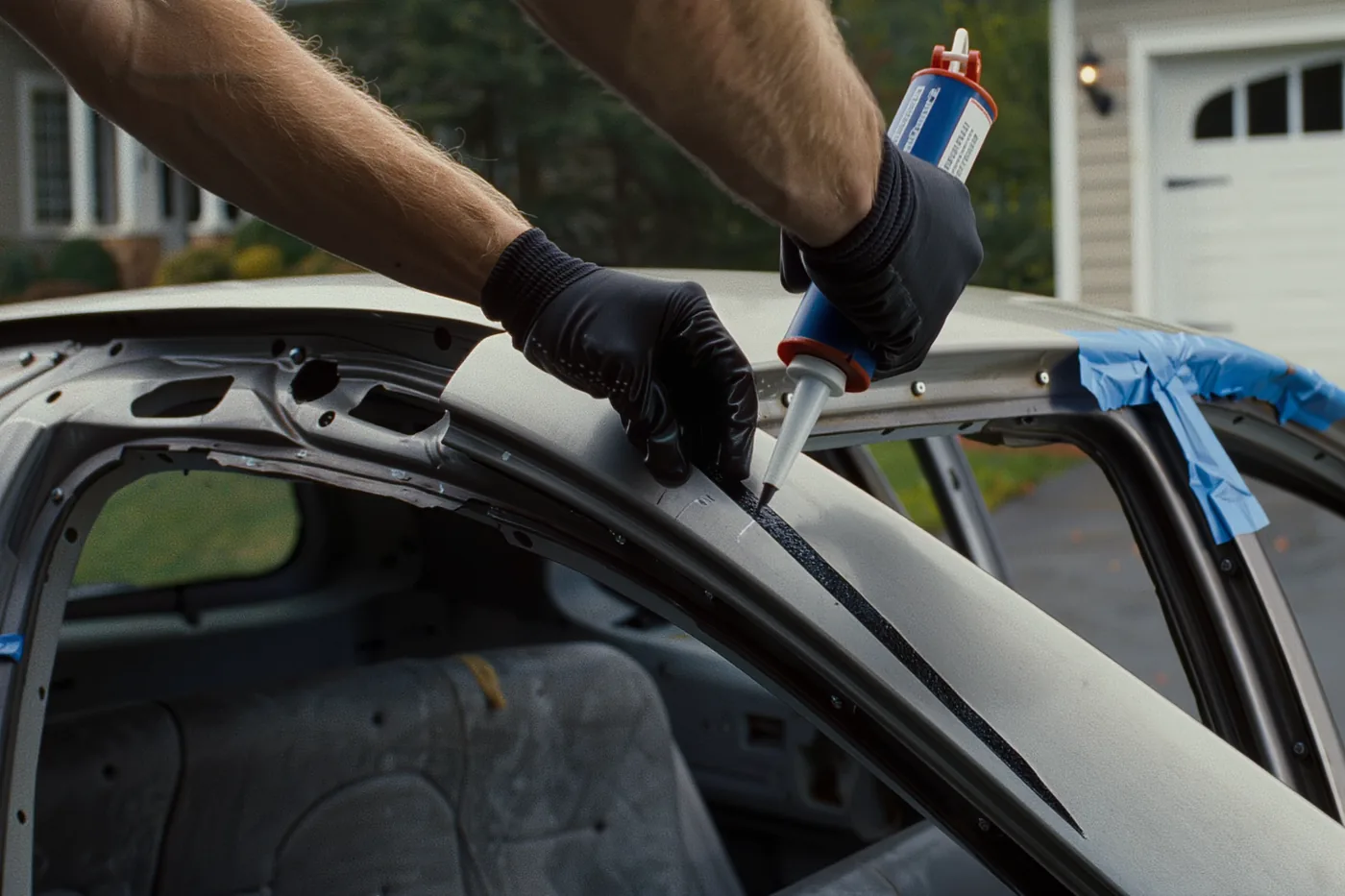 Gloved hands laying a continuous urethane bead along the pinchweld of a stripped windshield frame on a suburban driveway